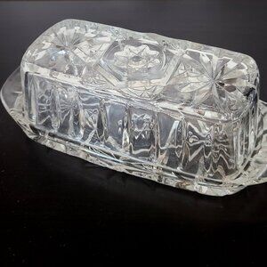 Vintage Mid Century clear pressed glass butter dish. Retro kitchen.